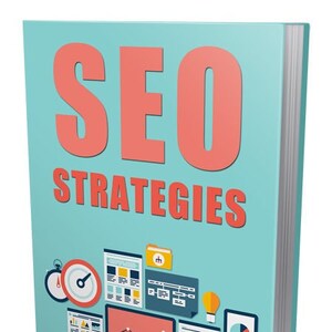 Könnte beinhalten: Ein türkisfarbenes Buch mit dem Titel "SEO STRATEGIES" in roter Schrift. Der Umschlag zeigt verschiedene bunte Symbole, die mit Website-Design und -Analyse zu tun haben, darunter ein Laptop, eine Lupe, eine Uhr und eine Glühbirne.