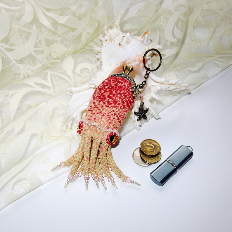 Accessory for a bag Cuttlefish. Keychain coin purse Squid from beads
