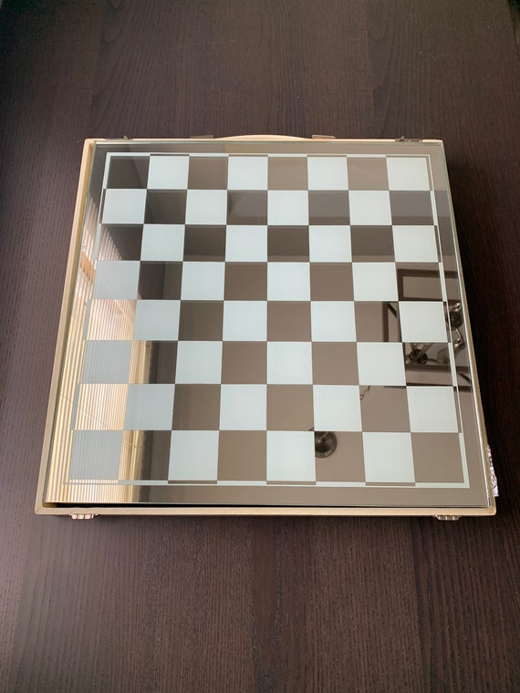 15 Black and Frosted Glass Chess Set with Mirror Board