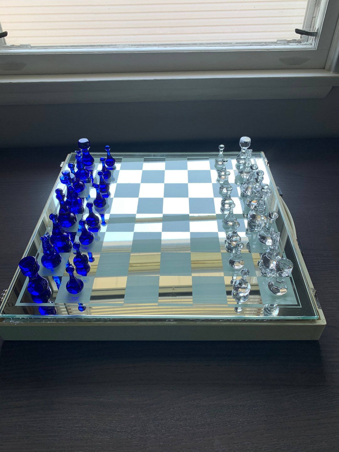 15 Black and Frosted Glass Chess Set with Mirror Board