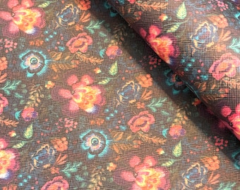 Faux Leather Fabric, Multicolored and black  Brigth Floral Print, Synthetic Leather, Floral Fabric Faux Leather, Vegan Leather