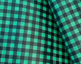 Cork on Leather Black and Green Buffalo Plaid Print Genuine Leather, Genuine Leather for Crafts