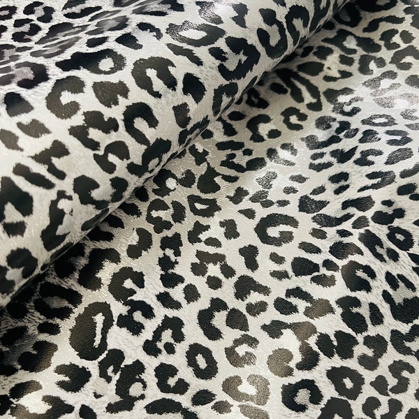 Metallic Black and Silver Leopard Print,  Genuine Leather, Leather Sheets, Animal Print