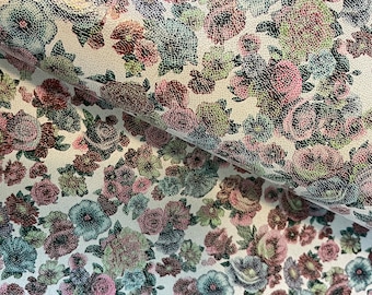 Vintage Crackle Floral Multi-Colored Print Genuine Leather Sheets for Craft, Floral Leather, Spring Leather