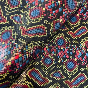 Neon Multicolored Snake Print Leather, Black, Blue, Green Snake Print, Genuine Leather Sheets for Craft