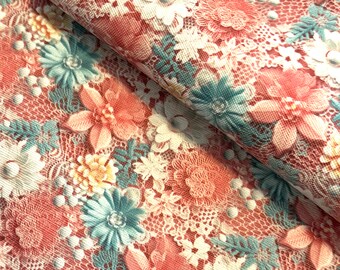 Faux Leather Fabric, Lace Floral  Print, Synthetic Leather, Lace Fabric Faux Leather, Vegan Leather