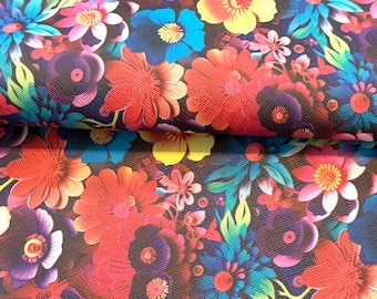 Faux Leather Fabric, Multicolored and black  Brigth Floral Print, Synthetic Leather, Floral Fabric Faux Leather, Vegan Leather