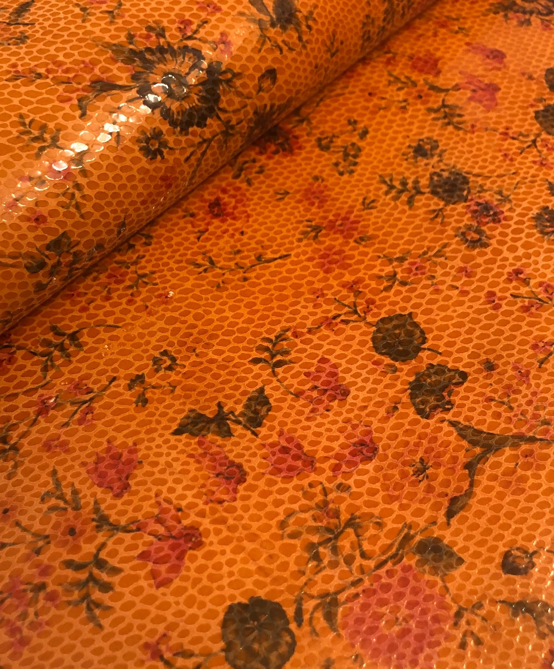 Floral Print Leather, Spring Real Leather, Orange Leather, Genuine