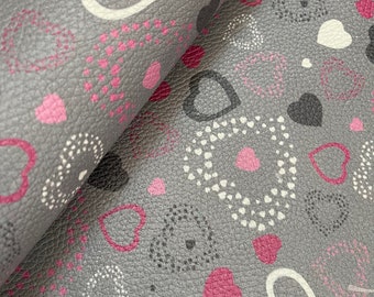 Heart Print on Gray Genuine Leather, Genuine Leather for Crafts, Valentine Leather, Real Leather