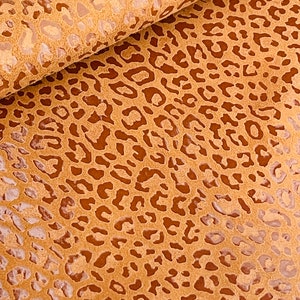 Glossy Burnt Orange Baby Leopard,  Black Leopard Print, Genuine Leather, Leather sheets, Animal Print