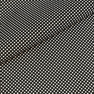 May include: Black fabric with a repeating pattern of white polka dots. The dots are evenly spaced and vary slightly in size. The fabric is slightly wrinkled, creating shadows and depth. The overall effect is a classic, timeless design.