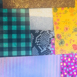 May include: A collection of patterned fabric swatches in various colors and textures, including green plaid, brown leather, silver metallic, snake print, yellow floral, and purple striped.