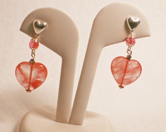 Pink Heart Dangle Earrings: Silver Heart Posts, Czech Crystal Accents