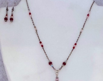 Crimson Red Stacked Bead Pendant Necklace and Earring Set- Statement Jewelry for a Glamorous Look