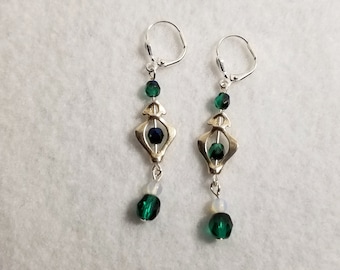 Green Czech Crystal Dangle Earrings: Silver Marquis Frame