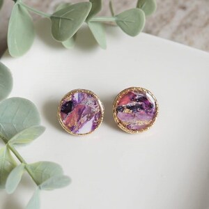 Round Large Stud Earrings Purple Marble Polymer Clay Earrings Minimalist Jewellery Handmade Accessory Circle Charm Party Gift For Her image 1