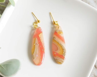 Pink Yellow Agate Slice Earrings Handmade Accessory Polymer Clay Earrings Large Dangle Stud Earrings Marble Minimalist jewelry Bridal Gift