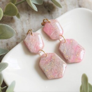 Dangle Earrings Pink Gold Marble Polymer Clay Earrings Minimalist Accessory Dangle Jewellery Large Charm Earrings Bridal Party Gift For Her image 1