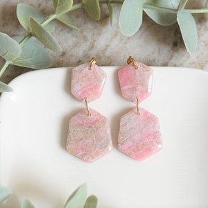 Dangle Earrings Pink Gold Marble Polymer Clay Earrings Minimalist Accessory Dangle Jewellery Large Charm Earrings Bridal Party Gift For Her image 2