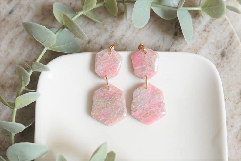 Dangle Earrings Pink Gold Marble Polymer Clay Earrings Minimalist Accessory Dangle Jewellery Large Charm Earrings Bridal Party Gift For Her image 2