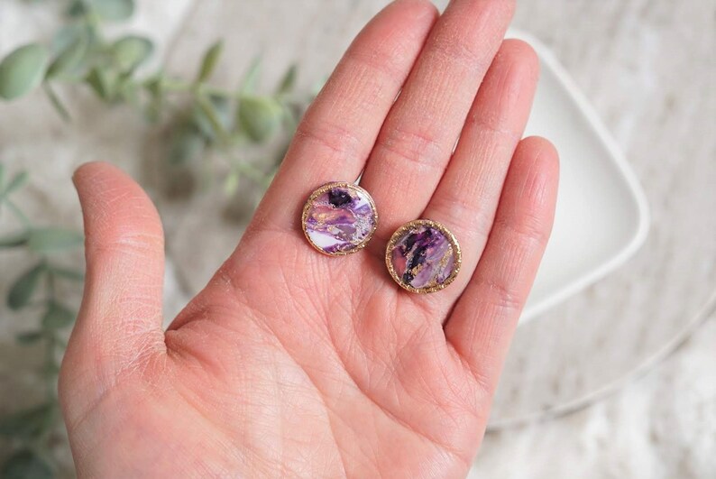 Round Large Stud Earrings Purple Marble Polymer Clay Earrings Minimalist Jewellery Handmade Accessory Circle Charm Party Gift For Her image 3