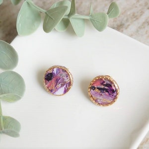 Round Large Stud Earrings Purple Marble Polymer Clay Earrings Minimalist Jewellery Handmade Accessory Circle Charm Party Gift For Her image 2