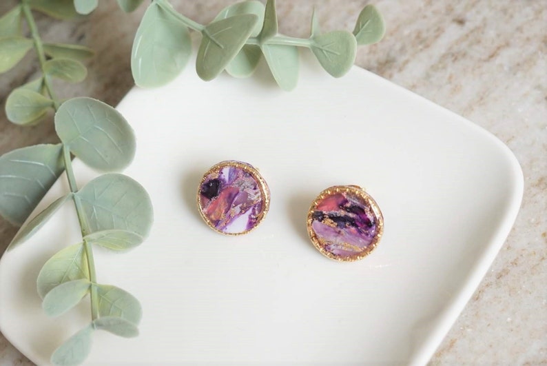 Round Large Stud Earrings Purple Marble Polymer Clay Earrings Minimalist Jewellery Handmade Accessory Circle Charm Party Gift For Her image 2