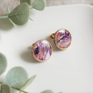 Round Large Stud Earrings Purple Marble Polymer Clay Earrings Minimalist Jewellery Handmade Accessory Circle Charm Party Gift For Her image 4