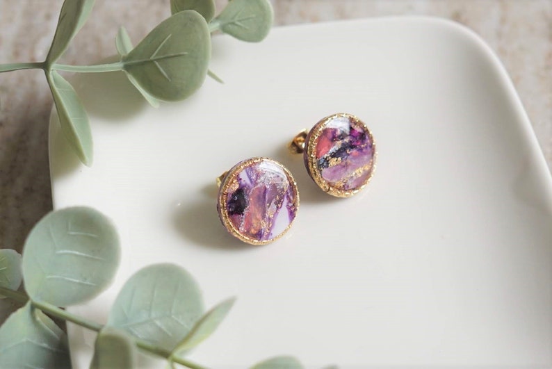 Round Large Stud Earrings Purple Marble Polymer Clay Earrings Minimalist Jewellery Handmade Accessory Circle Charm Party Gift For Her image 4