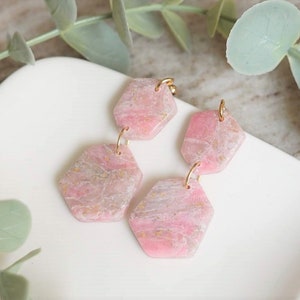 Dangle Earrings Pink Gold Marble Polymer Clay Earrings Minimalist Accessory Dangle Jewellery Large Charm Earrings Bridal Party Gift For Her image 3