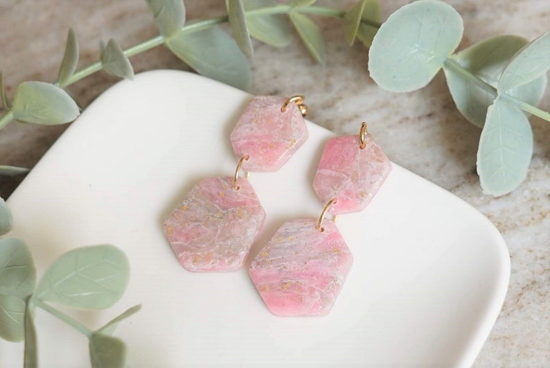 Dangle Earrings Pink Gold Marble Polymer Clay Earrings Minimalist Accessory Dangle Jewellery Large Charm Earrings Bridal Party Gift For Her image 3