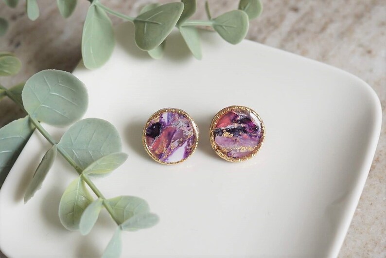 Round Large Stud Earrings Purple Marble Polymer Clay Earrings Minimalist Jewellery Handmade Accessory Circle Charm Party Gift For Her image 1