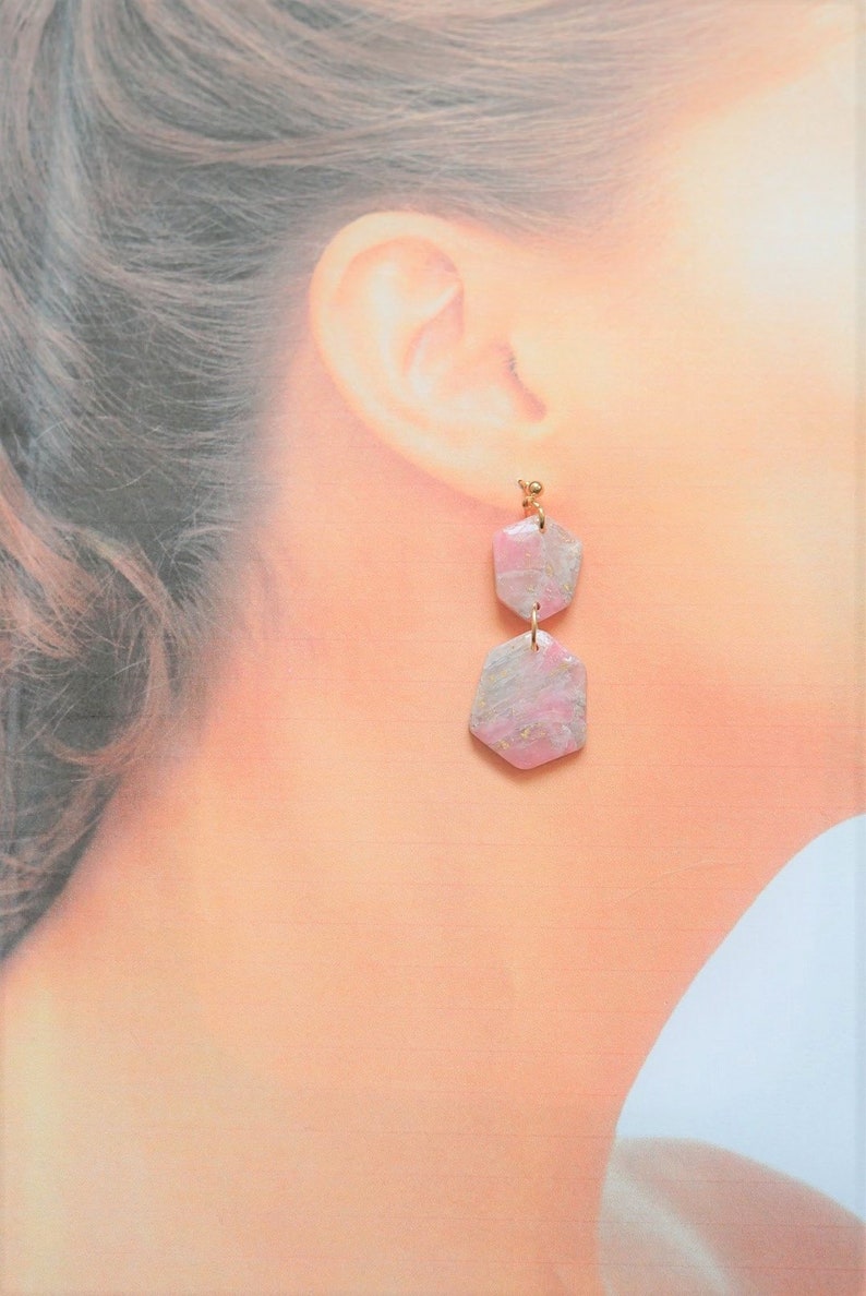 Dangle Earrings Pink Gold Marble Polymer Clay Earrings Minimalist Accessory Dangle Jewellery Large Charm Earrings Bridal Party Gift For Her image 5