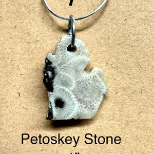 May include: A Petoskey stone pendant in the shape of the state of Michigan, with a silver-colored metal loop. The stone is light beige with a distinctive pattern and dark spots. The text "Petoskey Stone" and "1" are visible.