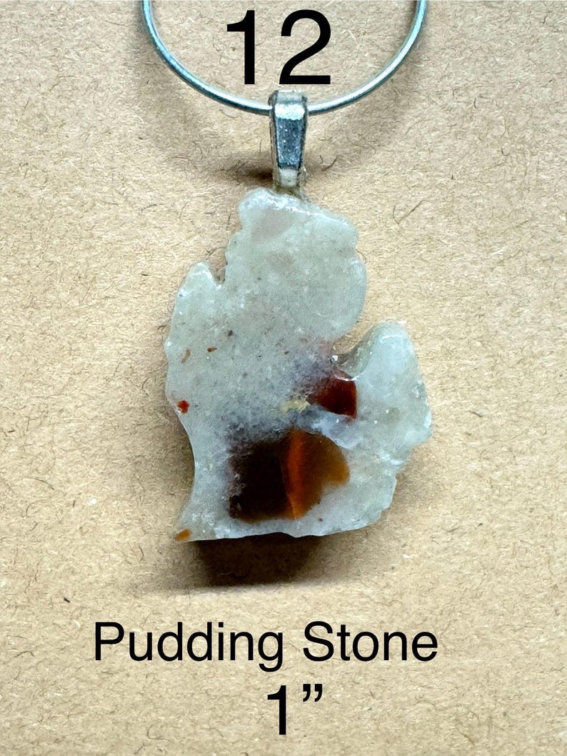 May include: A pendant featuring a Pudding Stone, approximately 1 inch in length. The stone is a light gray color with brown and red inclusions. The pendant hangs from a silver-colored metal loop. The number "12" is above the pendant.