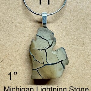 May include: A pendant featuring a Michigan Lightning Stone (Septarian Nodule) in the shape of the state of Michigan. The stone is approximately 1 inch in length and has a cracked, beige appearance. The pendant hangs from a silver-colored bail.
