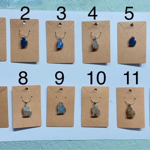 May include: A collection of twelve necklaces, each featuring a pendant shaped like the state of Michigan. The pendants are made of various stones in shades of blue, green, and gray, displayed on individual kraft paper cards.