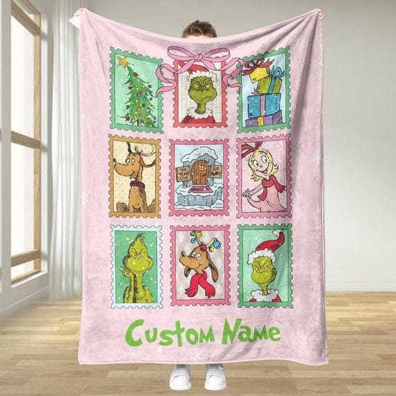 Personalisierte Grinch Decke - Individuelle Name Grinchmas Weihnachtsdecke, Grinch Coquette Bow Frohe Weihnachten werfen