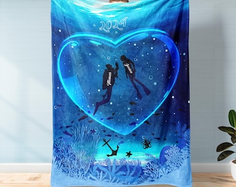 Personalized Diving Blanket, Custom Scuba Diving, Snorkeling Couple Blanket, Christmas Fift, Couple Diving Gift, Ocean Lover Gift