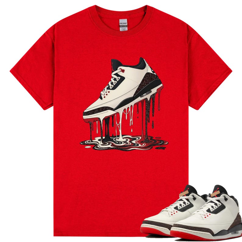 May include: A red t-shirt with a graphic of a white and black trainer with dripping black and red paint. A pair of matching trainers with white, black, and red accents are displayed below the shirt.