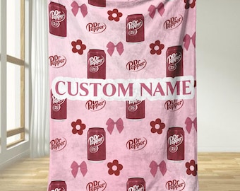 Personalized Dr Pepper Blanket With Bows and Flowers, Custom Name Girly Coquette Bow Dr Pepper Fleece Blanket, Dr Pepper Lovers Gift