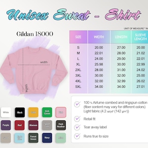May include: A light pink Gildan 18000 unisex sweatshirt with a size chart and colour options. The chart shows measurements in inches for sizes S to 5XL. The sweatshirt is made of 100% Airlume combed and ringspun cotton.