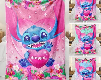 Personalized Stitch Valentines Blanket, Custom Lilo and Stitch Valentine’s Plush Throw Blanket