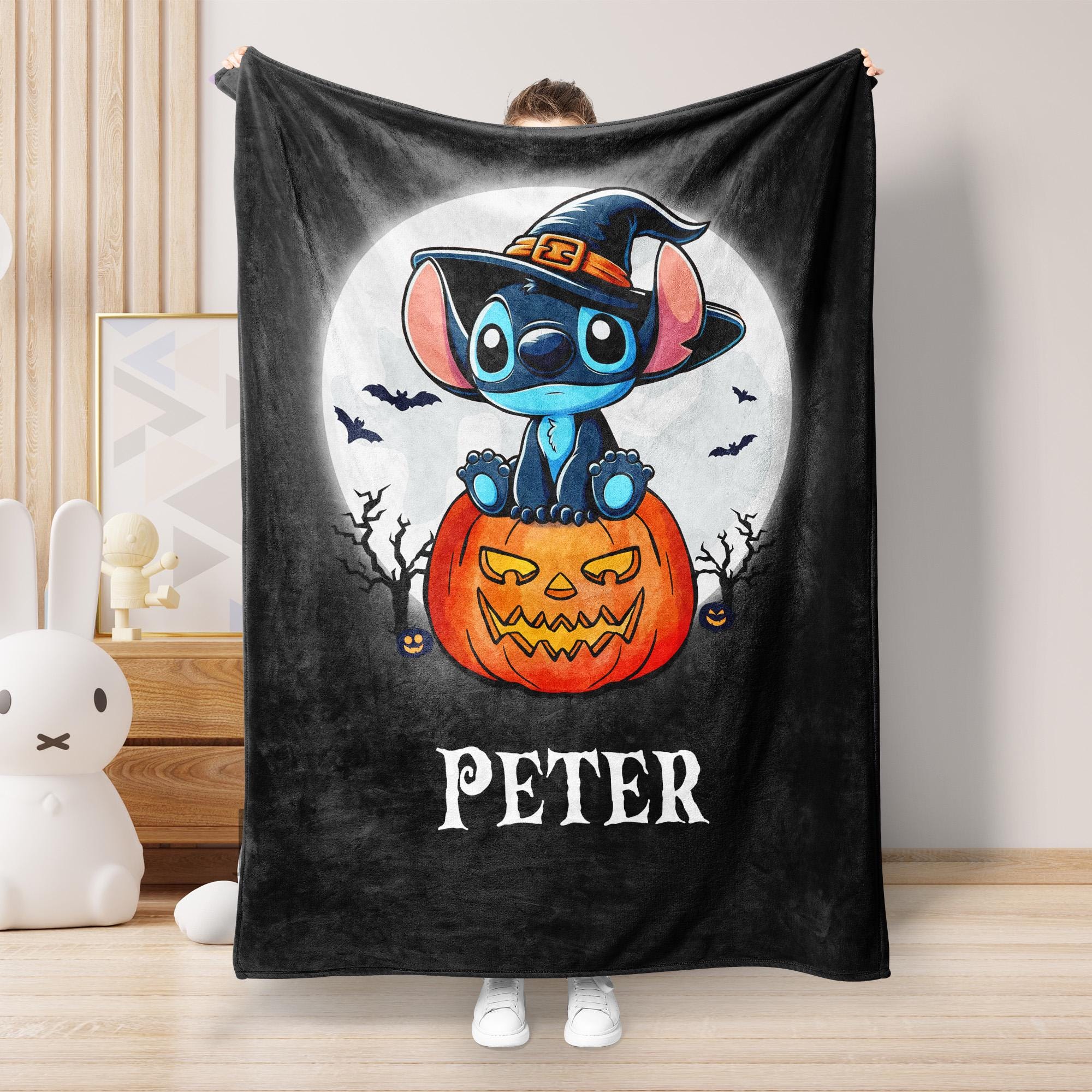 Discover Stitch Halloween Fleece Blanket, Custom Name Stitch and Pumpkin Blanket, Stitch Magic Kingdom Throw Blanket for Couch Sofa