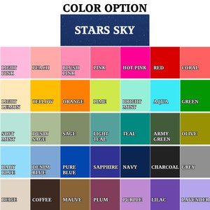 May include: A color chart with a variety of hues, including pinks, blues, greens, and neutrals. The top section features a dark blue rectangle with the text "STARS SKY". Each color is labeled with its name, such as "Light Pink" and "Yellow".