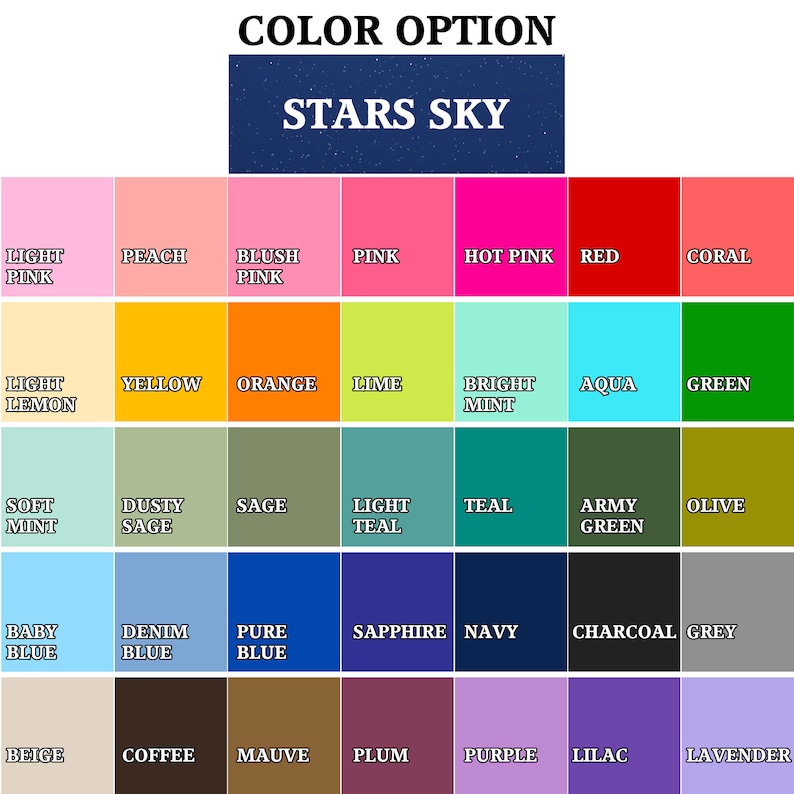 May include: A color chart with a variety of hues, including pinks, blues, greens, and neutrals. The top section features a dark blue rectangle with the text "STARS SKY". Each color is labeled with its name, such as "Light Pink" and "Yellow".