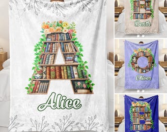 Personalized Bookshelf Blanket - Custom Name Letter Bookshelf Blanket - Gift For Reading Lover Bookworm Living Room Decor - Gift For Her