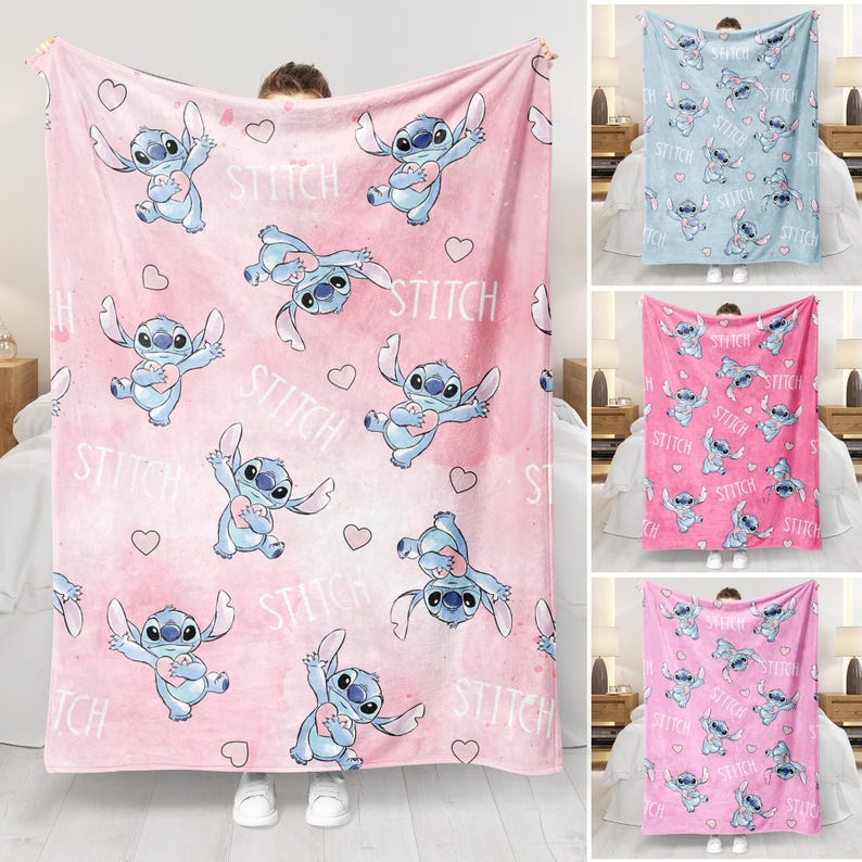 May include: A pink fleece blanket featuring a repeating pattern of the character Stitch holding a heart, with the word "STITCH" and heart shapes scattered across the design. The blanket is displayed in a room setting.