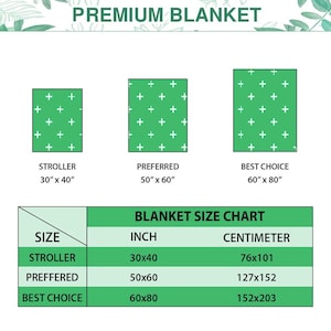 May include: Image features a green blanket with white plus signs, available in three sizes: stroller (30" x 40"), preferred (50" x 60"), and best choice (60" x 80"). A blanket size chart shows inch and centimeter measurements.