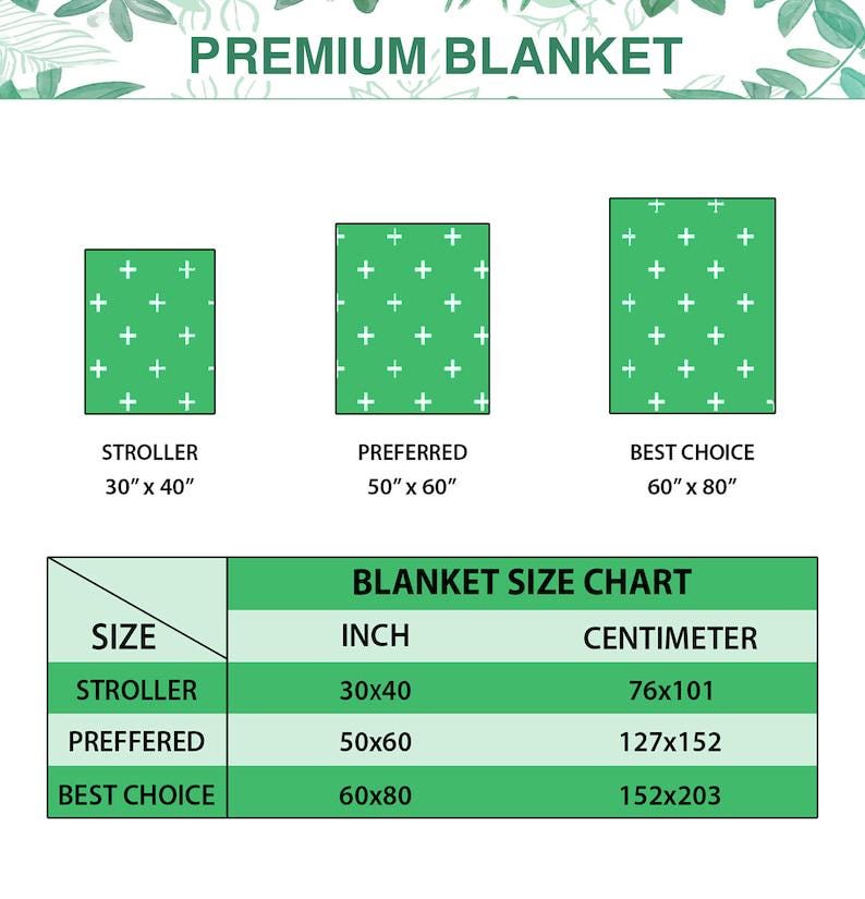 May include: Image features a green blanket with white plus signs, available in three sizes: stroller (30" x 40"), preferred (50" x 60"), and best choice (60" x 80"). A blanket size chart shows inch and centimeter measurements.